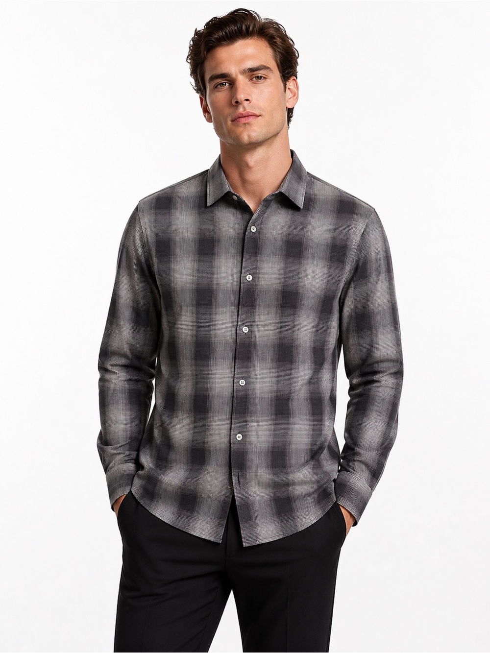 Perry Ellis Black and Gray Plaid Button-Down Shirt